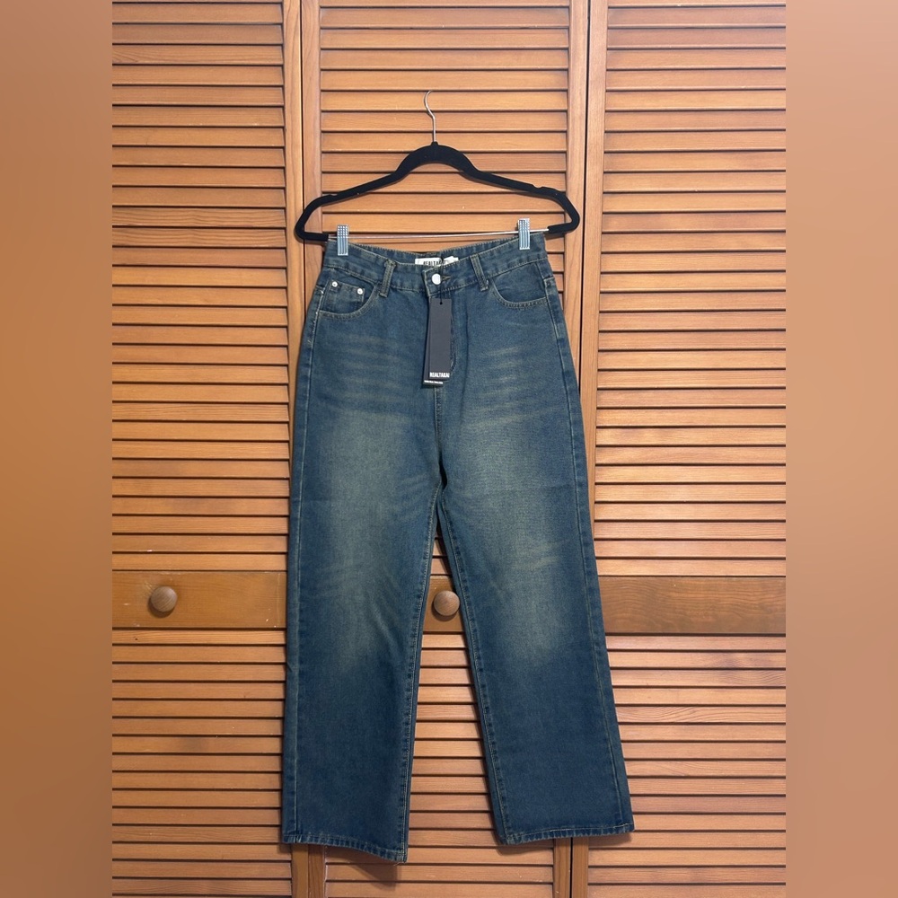 NWT REALTAKAI Men’s Straight Leg Jeans Blue Washed Distressed Streetwear Size S